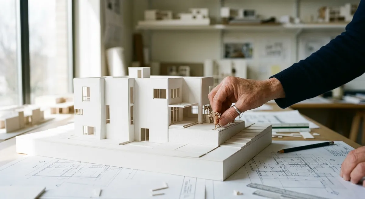 Maquette blanche de bâtiment posée sur des plans